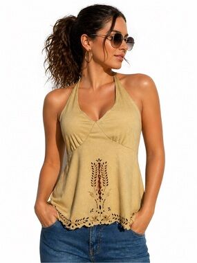 Charlotte Russe Boho Cut-Out Halter Top Backless Tie Beige Flowy Size S
